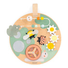 Janod - Doux Cocon - Tableau d'activités-Tableau d'activités en bois avec des éléments sur le thème des animaux du jardin.