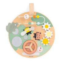 Janod - Doux Cocon - Tableau d'activités-Tableau d'activités en bois avec des éléments sur le thème des animaux du jardin.
