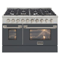 Kucht - 48 po Série KDF Cuisinière Pro Style au gaz naturel - Acier inoxydable/Gris ciment-Cuisinez et pâtissez comme un professionnel grâce à deux fours séparés avec grandes fenêtres de four : le four principal en porcelaine bleue robuste offre 4,2 pi³ de capacité, tandis que le four latéral additionnel dispose de 2,5 pi³