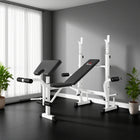 Soozier - Banc de musculation réglable avec support à squat, blanc-Supports sur le cadre pour le rangement des disques de barre de 1 po (2,5 cm) afin de garder les poids organisés 