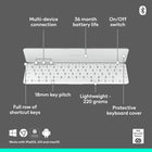 Logitech - Keys-To-Go 2, clavier sans fil portable pour iPad avec protection intégrée - Pale Grey -Rangée complète de touches de raccourci: ce clavier pour tablette offre un accès en une touche au réglage du volume et des commandes multimédia, des niveaux de luminosité de l'écran et bien plus encore, pour un confort accru à portée de main