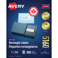 Avery - Étiquettes rectangulaires blaches avec Easy Peel, 1 po x 2-5/8 po, Paquet de 3000 (5160)-1 x 2 5/8 po, blanche