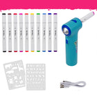 TPG Creations - Kit aérographe 14 pièces avec marqueurs et pochoirs-Tout le nécessaire : Le kit comprend un aérographe sans fil, 10 marqueurs lavables à double pointe et 2 pochoirs réutilisables. De plus, il inclut un câble de charge pour l'aérographe, permettant aux enfants de le recharger et de créer encore et encore sans se soucier des piles ou de la batterie.