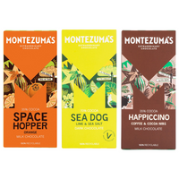 Montezuma’s - Assortiment de barres au chocolat lime et sel de mer, orange, café et éclats de cacao, 90 g chacune, paquet de 3-Trois saveurs contrastées de chocolat Montezuma’s dans un même assortiment.