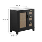 Modway - Dixie 36" Solide Armoire à coiffeuse de salle de bain - Noir Blanc-Détail en rotin à tissage ouvert