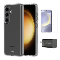 AXS - Ensemble de départ avec étui ULTRA CLEAR transparent testé contre les chutes, protecteur d’écran et chargeur 30W pour Samsung Galaxy S24+-Étui résistant aux chutes avec des poches d’air absorbant les chocs