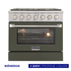 Kucht - 36 po Série KDF Cuisinière Pro Style au gaz propane - Acier inoxydable/Vert olive-La cuisinière à gaz à 6 brûleurs comprend un brûleur double de 20 000 BTU avec mode mijotage, un brûleur de 15 000 BTU, un brûleur de 12 000 BTU, deux brûleurs de 9 000 BTU et un brûleur de 6 000 BTU