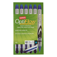 Staples - Stylos à bille roulante OptiFlow à pointe aiguille, 0,5 mm, bleus, paq./12-L'encre lisse permet une écriture très facile