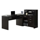 Monarch Specialties - 7018 Bureau - Espresso De Coin Cote Droit Ou Gauche-Options de rangement ouvertes et fermées en plusieurs tailles, y compris 3 armoires avec 1 étagère réglable, 7 tiroirs de rangement sur glissières métalliques et 1 tiroir pour dossiers standard ou légaux, le tout agrémenté de poignées argentées contemporaines.
