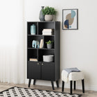 Prepac - Bibliothèque Milo Mid-Century Modern 29 po avec six étagères et deux portes - Noir-Utilisation efficace de l'espace : Mesure 12 po P x 29 po L x 62,25 po H entièrement assemblé avec des compartiments dissimulés mesurant 11,25 po P x 13,5 po L x 15,75 po H, et chaque tablette ouverte peut contenir jusqu'à 15 lb. pour aboutir à un 75 livres. capacité de poids totale
