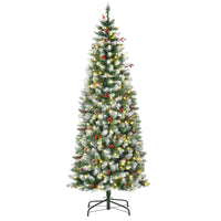 HOMCOM - Sapin de Noël artificiel 6' enneigé pré-illuminé avec pommes de pin et baies-Arbre de Noël artificiel de 6 pieds de haut à l'aspect réaliste, avec baies et pommes de pin 