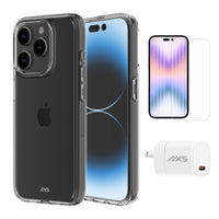 AXS - Ensemble de départ avec étui ULTRA CLEAR transparent testé contre les chutes, protecteur d’écran et chargeur 20W pour Apple iPhone 15 Pro-Étui résistant aux chutes avec des poches d’air absorbant les chocs