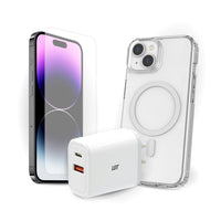 TUFF8 - Clear Mag Case, verre trempé, ensemble chargeur PD 30 W - iPhone 15-Étui TUFF8 MagSafe : Conçu pour l'aventure, cet étui robuste offre une protection inégalée contre les chutes, les chocs et les rayures, tout en s'intégrant parfaitement aux accessoires MagSafe pour un confort et un style ultimes.