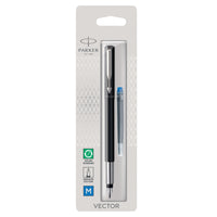 Parker - Stylo plume Vector - noir avec bordure chromée - pointe moyenne - encre bleue - languette à suspendre-Les couleurs audacieuses et modernes s’agencent à des conceptions intelligentes pour proposer une introduction accessible à l’écriture raffinée