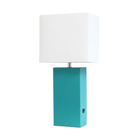Élégante Conception Lampe de table moderne en cuir avec USB et abat-jour en tissu blanc, sarcelle-Lampe de table moderne en cuir avec USB