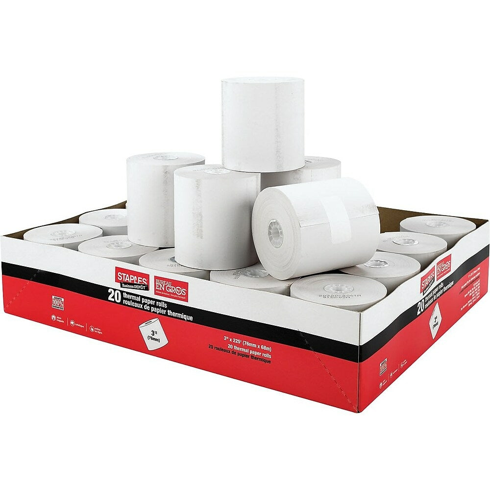 Rouleaux de papier thermique, 3-1/8 po x 200 pi, (Diamètre 70mm, intérieur  16mm), 50 Rouleaux/Box