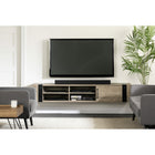 South Shore - Munich - Console média murale - Chêne vieilli - 75 po-Rangement pratique : Avec les 3 tablettes ajustables et les 2 espaces ouverts sur les côtés pour les livres et les DVD, vous pourrez garder facilement votre salon en ordre.