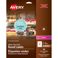 Avery - Étiquettes rondes pellicule en vinyle - 5po de diamètre - Blanc - 16 Étiquettes-Étiquettes en vinyle imprimables blanc