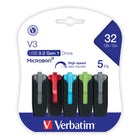 Verbatim - Clé Flash USB 3.2 Gen 1 Store ‘n’ Go V3 32 Go - Assorti - Paquet de 5-Le connecteur USB rétractable permet de ne pas perdre le capuchon