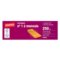 Staples - Enveloppes kraft n° 1 pour monnaie avec rabats gommés, 2 1/4 x 3 1/2 po, 28 lb, brun, boîte de 250-Enveloppes n° 3 idéales parfaites pour ranger des pièces de monnaie, des clés, de petites pièces et autres objets divers.