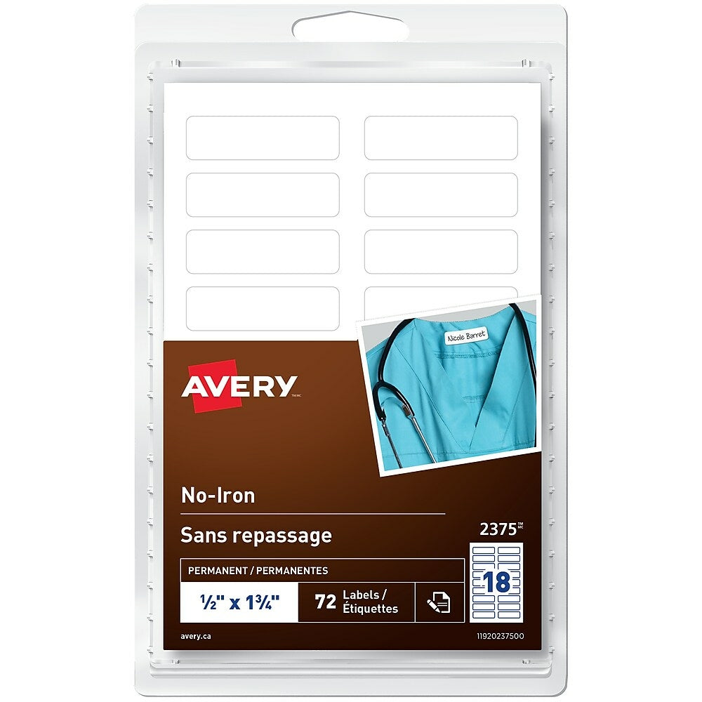 Avery Étiquettes permanentes sans repassage pour vêtements, inscriptibles,  blanc, 1/2 po x 1 3/4 po, paq./72 (2375) | bureauengros.com, image size:1000x1000