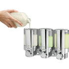 Aviva – Distributeur à savon avec 3 réservoirs, chrome-Comprend des crochets de rangement pratiques pour accrocher rasoirs et autres accessoires