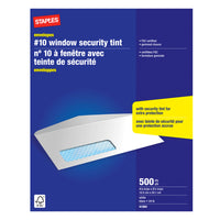 Staples - Enveloppes de sécurité nº 10 à fenêtre avec rabats gommés, 4 1/8 po x 9 1/2 po, 24 lb, blanc, paquet de 500-Enveloppes n° 10 polyvalentes, idéales pour l'envoi de lettres, chèques, relevés, factures et autres