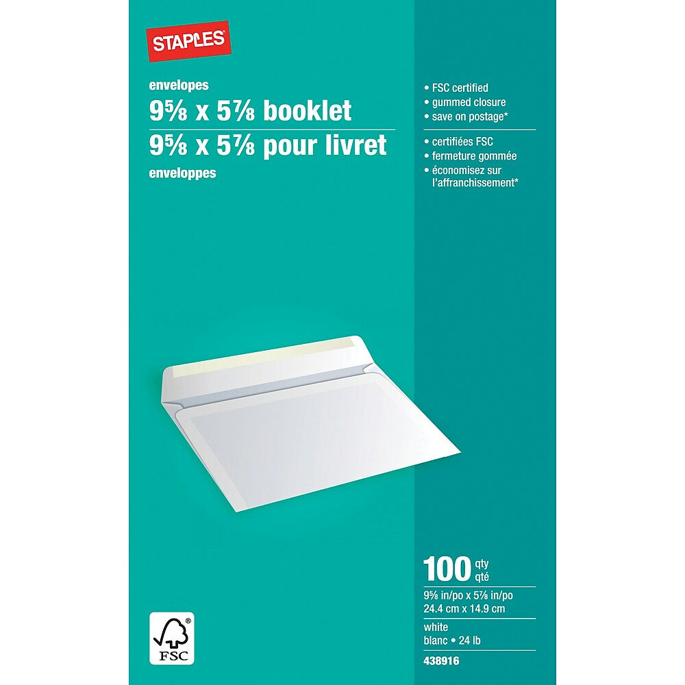  STP431481  Staples - Enveloppes kraft pour catalogue avec rabats  gommés, 9 x 12 po, 24 lb, blanc, boîte de 100