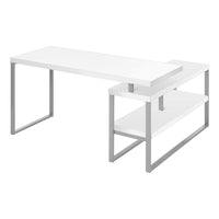 Monarch Specialties - 7585 Bureau 60 po L - Blanc/Metal Argent De Coin Cote D/G-Bureau d'ordinateur en forme de L avec rangement. Comporte des panneaux épais au fini blanc avec base en métal argenté