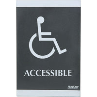 Headline Sign - Affiches ADA série Century, « ACCESSIBLE » (fauteuil roulant)-Aspect contemporain - argent sur noir avec pictogrammes et braille  