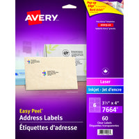 Avery - Étiquettes d'adresses Easy Peel laser/jet d'encre, incolores lustrées, 3 1/3 po x 4 po, paq./60 (7664)-Étiquette permanente