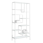 Monarch Specialties - 7159 72 po H Etagere - Metal Blanc Et Verre Trempe-Donnez à votre maison un look audacieux et moderne avec cette bibliothèque unique de 72 po de haut. en métal blanc et verre trempé épais. Ce meuble chic et sans dossier dispose de 9 étagères asymétriques de différentes tailles, parfaites pour exposer vos livres, cadres ou autres objets décoratifs préférés. Cette unité élégante sera un excellent ajout à votre bureau à domicile, salon, chambre à coucher ou même au couloir pour que vous r