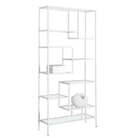 Monarch Specialties - 7159 72 po H Etagere - Metal Blanc Et Verre Trempe-Donnez à votre maison un look audacieux et moderne avec cette bibliothèque unique de 72 po de haut. en métal blanc et verre trempé épais. Ce meuble chic et sans dossier dispose de 9 étagères asymétriques de différentes tailles, parfaites pour exposer vos livres, cadres ou autres objets décoratifs préférés. Cette unité élégante sera un excellent ajout à votre bureau à domicile, salon, chambre à coucher ou même au couloir pour que vous r