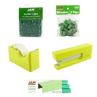 JAM Paper – Trousse de démarrage pour bureau, vert (338756gr)-Comprend des trombones, des pinces relieuses, un distributeur de ruban, une agrafeuse et des agrafes
