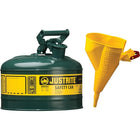 Justrite – Contenant de sécurité de type l avec tuyau, 1 gallon, 9 1/2 x 11 po, vert-Les canettes de sécurité de type l sont conçues avec un bec verseur simple pour remplir et verser tous les types de liquides inflammables