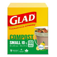 Glad - Petits Sacs 100 % compostables - parfum de citron - 10 L - Paquet de 100-SACS 100 % COMPOSTABLES: Boîte de 100 petits sacs compostables de Glad d’une capacité de 10 L.