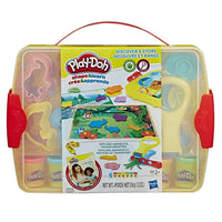 Play-Doh Crée et Apprends - Découvre et range-Inclut un outil Fabricatrucs junior avec rail, 8 étampes d'animal, 5 étampes de véhicules, 2 étampes de formes, un rouleau, un couteau, 3 napperons d'activités réversibles, 6 pots de pâte à modeler Play-Doh et Guide Moments complices