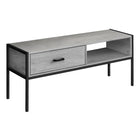 Monarch Specialties - 2875 Meuble Tv - 48 po L/Gris/Metal Noir-Meuble pour téléviseur de 48 pouces dans une finition d'aspect bois gris avec un haut cadre en métal noir pouvant accueillir la plupart des téléviseurs lorsqu'il est centré sur le panneau supérieur