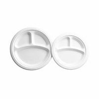 Globe Commercial Products - 9 po Fibre ronde Bagasse Plaque de compostable - 3 compartiments - 500 pack-Bagasse blanche (100% fibre de canne à sucre)