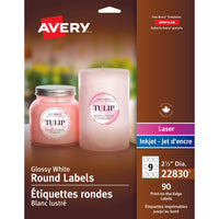 Avery -  Étiquettes rondes blanches glacées 22830, diamètre de 2 1/2 po, paq./90-Idéales pour les étiquettes de savon, de désinfectant pour les mains, de bougies et autres 
