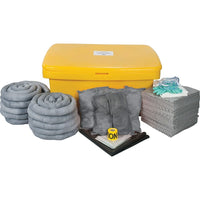 Zenith – Trousse de déversement universel, 97 gallons, avec coffre-Contenu : 100 feuilles absorbantes (15 x 17 po), 10 remblais tubulaires (3 x 120 po), 8 tampons absorbants (8 x 18 po), 1 tapis de canalisation (36 x 36 po), 1 ruban d’avertissement (3 po x 500 pi), 2 paires de gants en nitrile, 2X-grand (11), 2 paires de lunettes de sécurité (taille unique), 2 combinaisons microporeuses (grand), 10 sacs à déchets (26 x 36 po)
