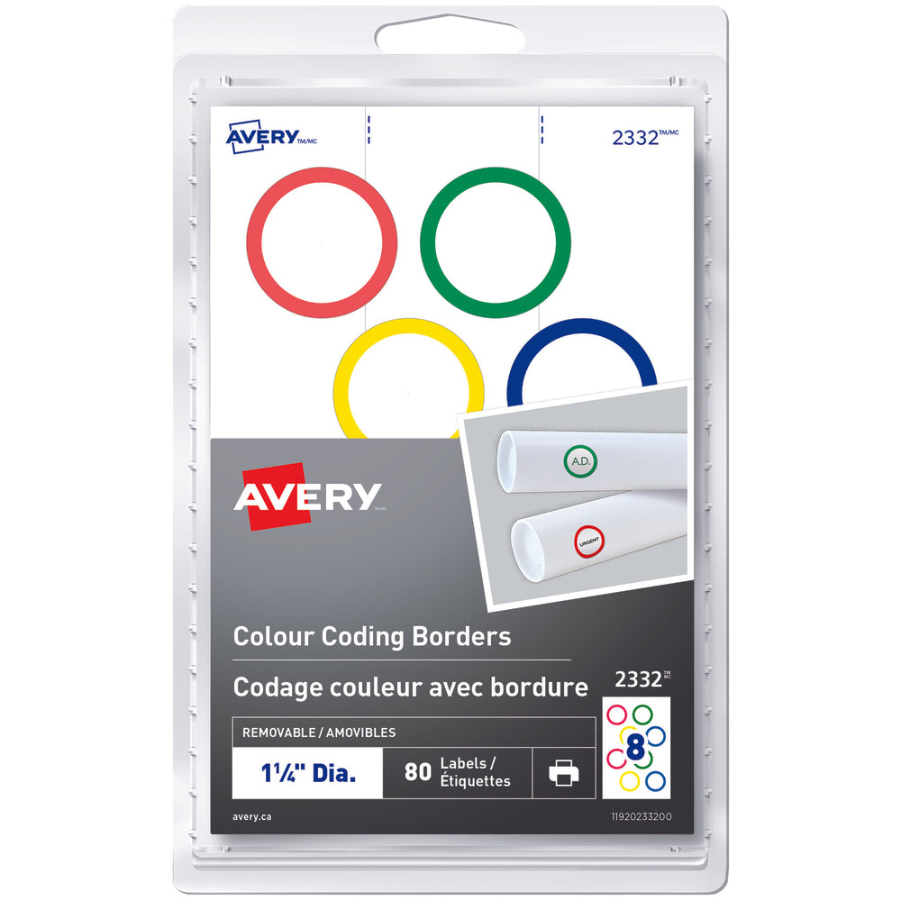  AVE02332  Avery Étiquettes amovibles à codage couleur Écrire ou  imprimer, 1 1/4 po, ronde, couleurs variées, paq./80 (2332)