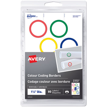 Avery Étiquettes amovibles à codage couleur Écrire ou imprimer, 1 1/4 po,  ronde, couleurs variées, paq./80 (2332)