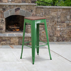 Flash Furniture - Tabouret de bar de 30 po haut en métal vert sans dossier avec siège carré en bois-Conception sans dossier