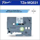 Brother TZeMQ531 Ruban bleu pastel avec texte noir authentique pour étiqueteuses P-touch, 12 mm de largeur x 4 m de longueur-Parfait pour ajouter votre touche personnelle et décorative aux emballages cadeaux, cadeaux de fête, décoration intérieure, projets de scrapbooking, projets d'artisanat et bien plus encore