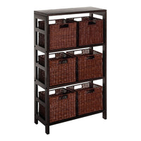 Winsome – Étagère Leo 7 pièces et paniers; 1 étagère, 6 petits paniers, fini espresso-3 tablettes larges et 6 petits paniers de rangement Élégante tout en étant fonctionnelle Combinez-la avec les autres étagères de rangement espresso, qu’elles soient larges ou étroites
