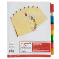 Staples® - Gros onglets insérables, de couleur, 8 onglets, paq./4-Gros onglets pouvant contenir 2 lignes de texte  