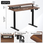 FENGE - Bureau électrique assis-debout à 2 niveaux de 47 pieds avec USB et 3 présélections de mémoire - brun noyer-Tiroir métallique coulissant installé pour un rangement supplémentaire