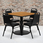 Flash Furniture – Table carrée de 36 po au dessus stratifié naturel avec base ronde et 4 chaises noires à dossier trapézoïdal-L’ensemble comprend 4 chaises, une table à plateau carré et une base ronde