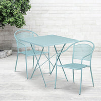 Table de jardin carrée et pliante de 28 po en acier bleu ciel avec 2 chaises à dossier rond, int./ext. [CO-28SQF-03CHR2-SKY-GG]-L’ensemble comprend une table pliante et 2 chaises